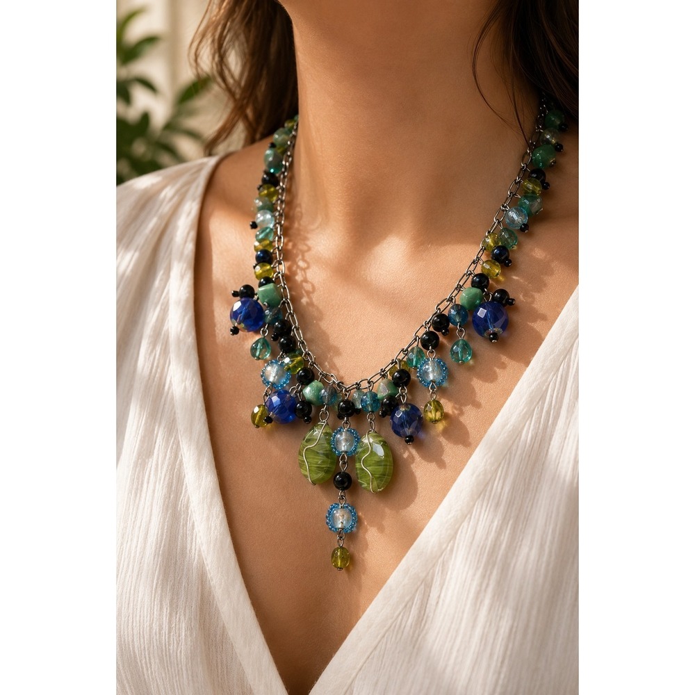 Artisan Glass Charm Necklace Blue Green Beaded Dangle Adjustable 15–19"